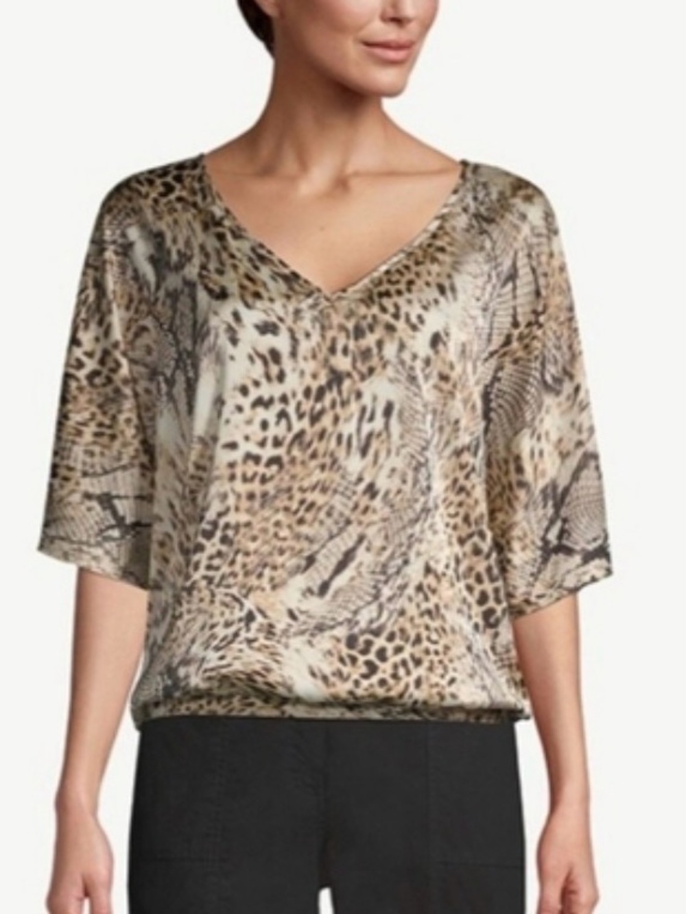Chico's Beige and Black Animal Print V-Neck Top size 2-L